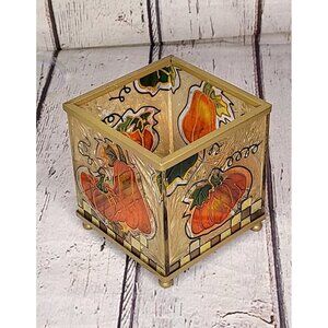 4" Vintage Stained Glass Pumpkin Mirror Tea Candle Holder Fall Thanksgiving 2005